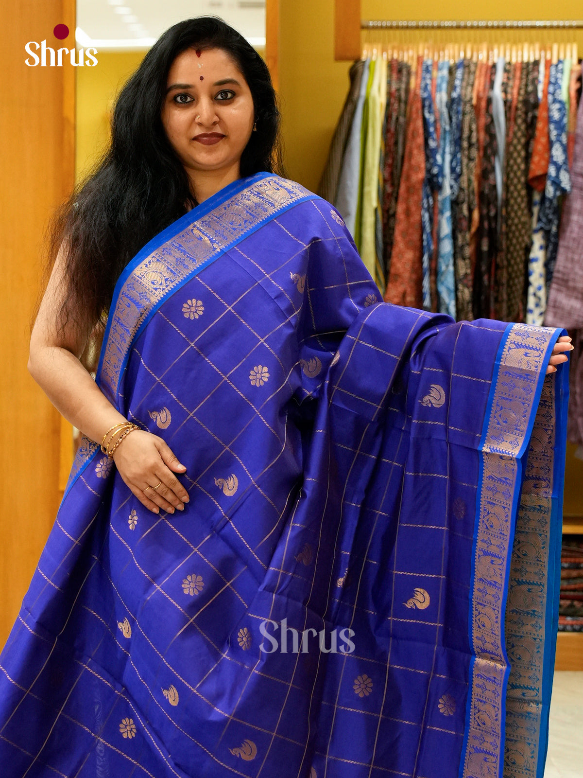 Royal Blue Halfpure Silk Cotton Saree with Checks with Buttas and Peacock Buttas | Teal Blue Contrast Border