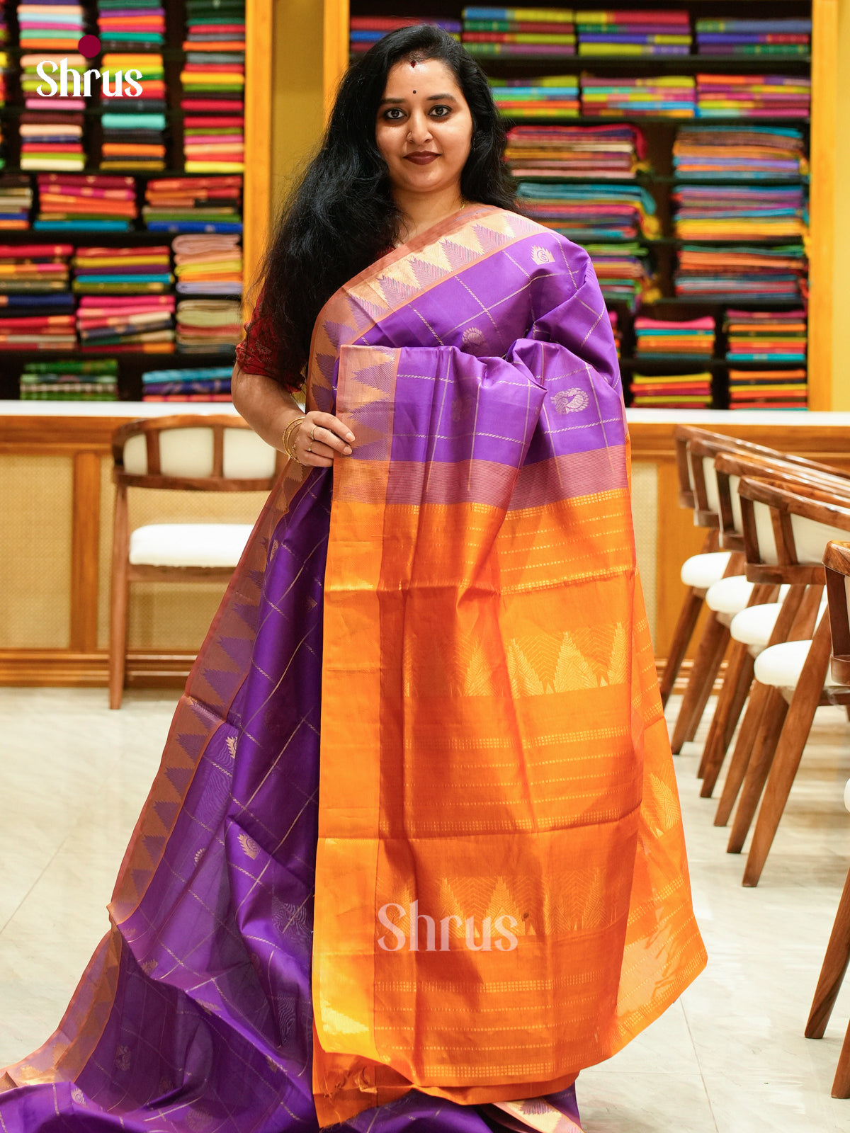 Violet Halfpure Silk Cotton Saree with Peacock Buttas | Orange Contrast Border