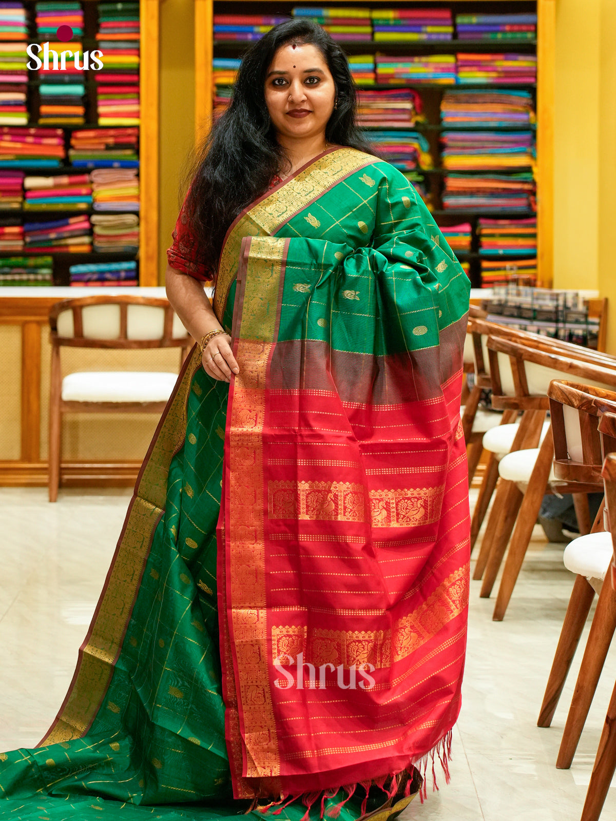 Dark Green Halfpure Silk Cotton Saree with Checks with Buttas and Peacock Buttas | Red Contrast Border - Shop on Shrus.com