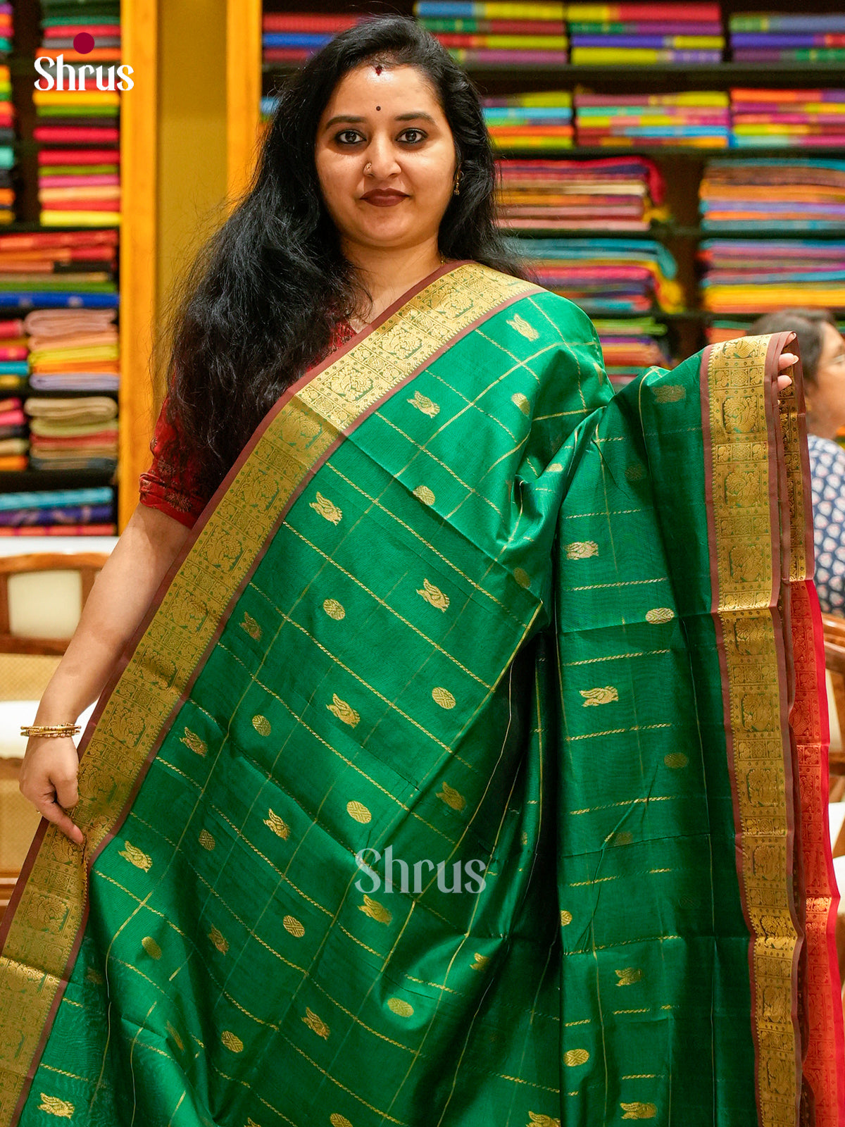 Dark Green Halfpure Silk Cotton Saree with Checks with Buttas and Peacock Buttas | Red Contrast Border - Shop on Shrus.com