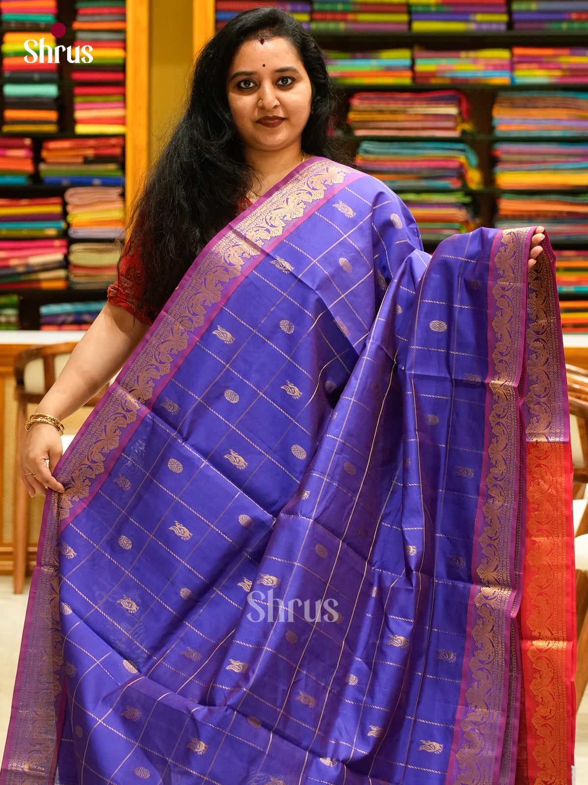 Purple Halfpure Silk Cotton Saree with Checks and Peacock Buttas | Maroon Contrast Border