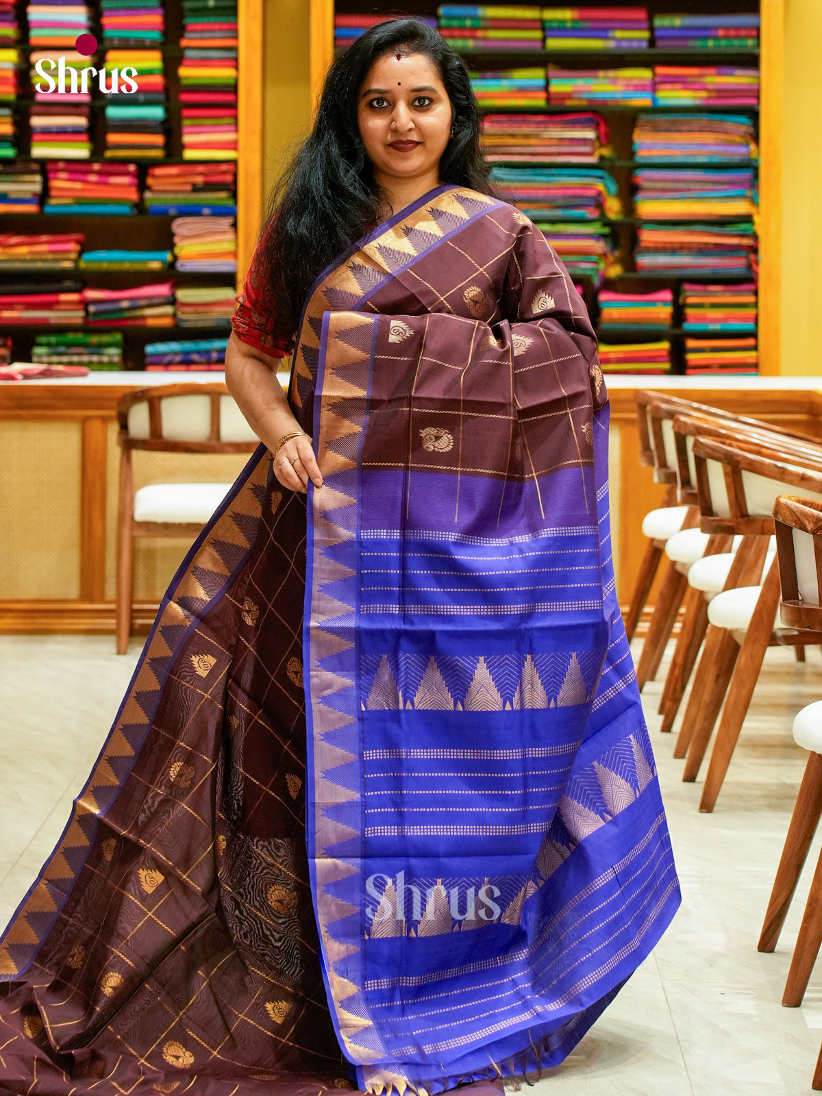 Dark Brown Halfpure Silk Cotton Saree with Checks with Buttas and Peacock Buttas | Blue Contrast Border