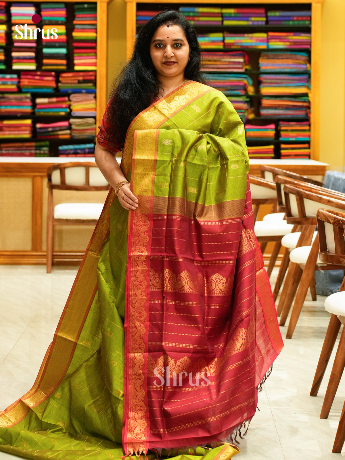 Olive Green Halfpure Silk Cotton Saree with Checks with Buttas and Peacock Buttas | Maroon Contrast Border
