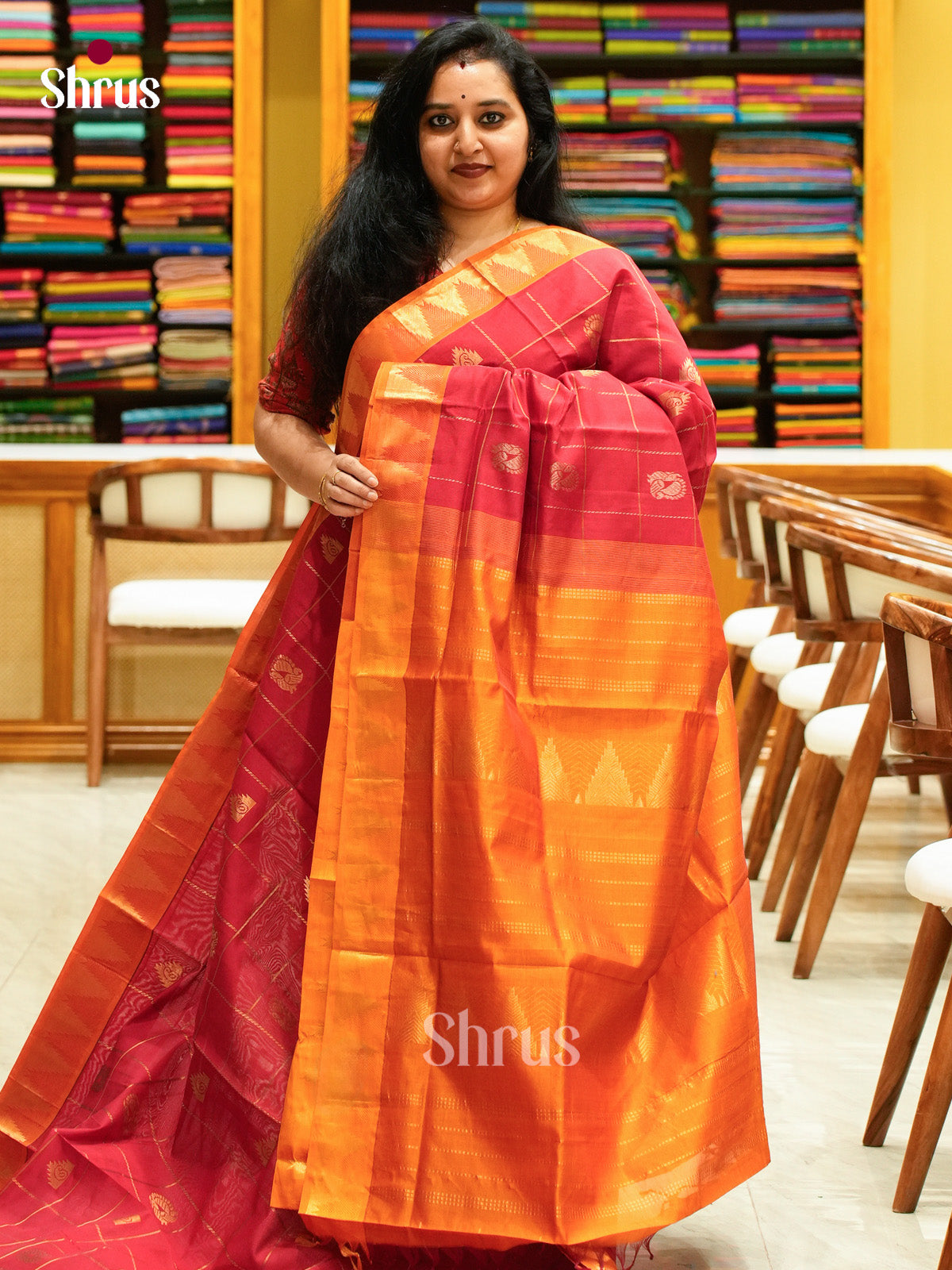 Red Halfpure Silk Cotton Saree with Checks with Buttas and Peacock Buttas | Dark Orange Contrast Border - Shop on Shrus.com