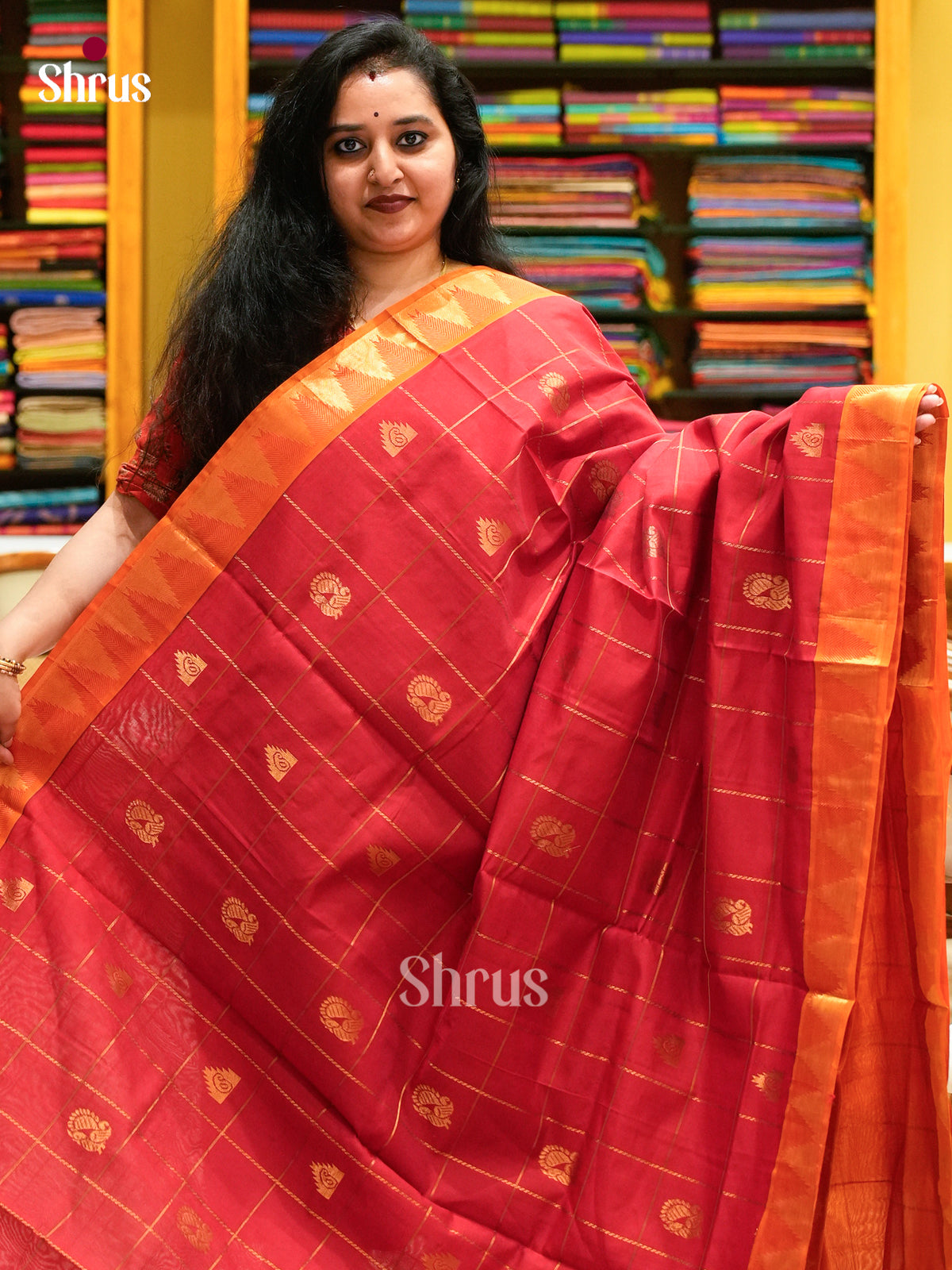 Red Halfpure Silk Cotton Saree with Checks with Buttas and Peacock Buttas | Dark Orange Contrast Border - Shop on Shrus.com
