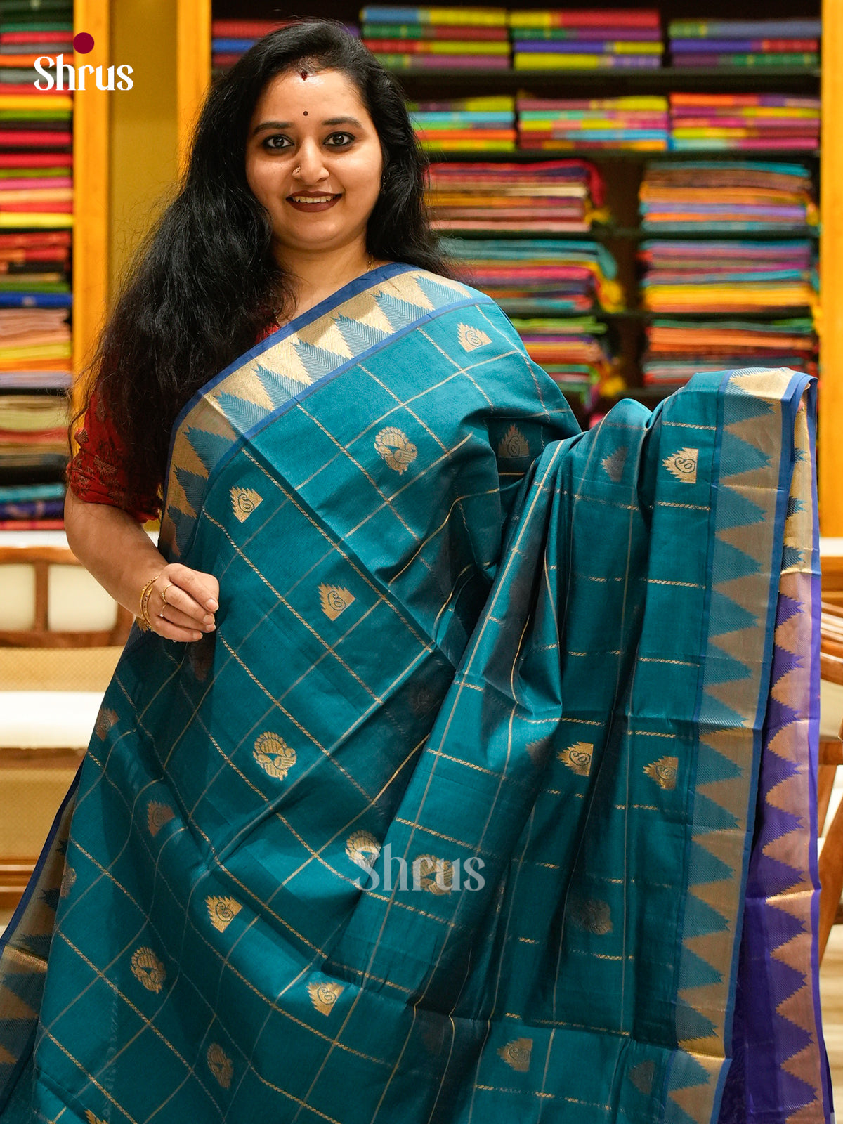Peacock Green Halfpure Silk Cotton Saree with Checks with Buttas and Peacock Buttas | Blue Contrast Border - Shop on Shrus.com