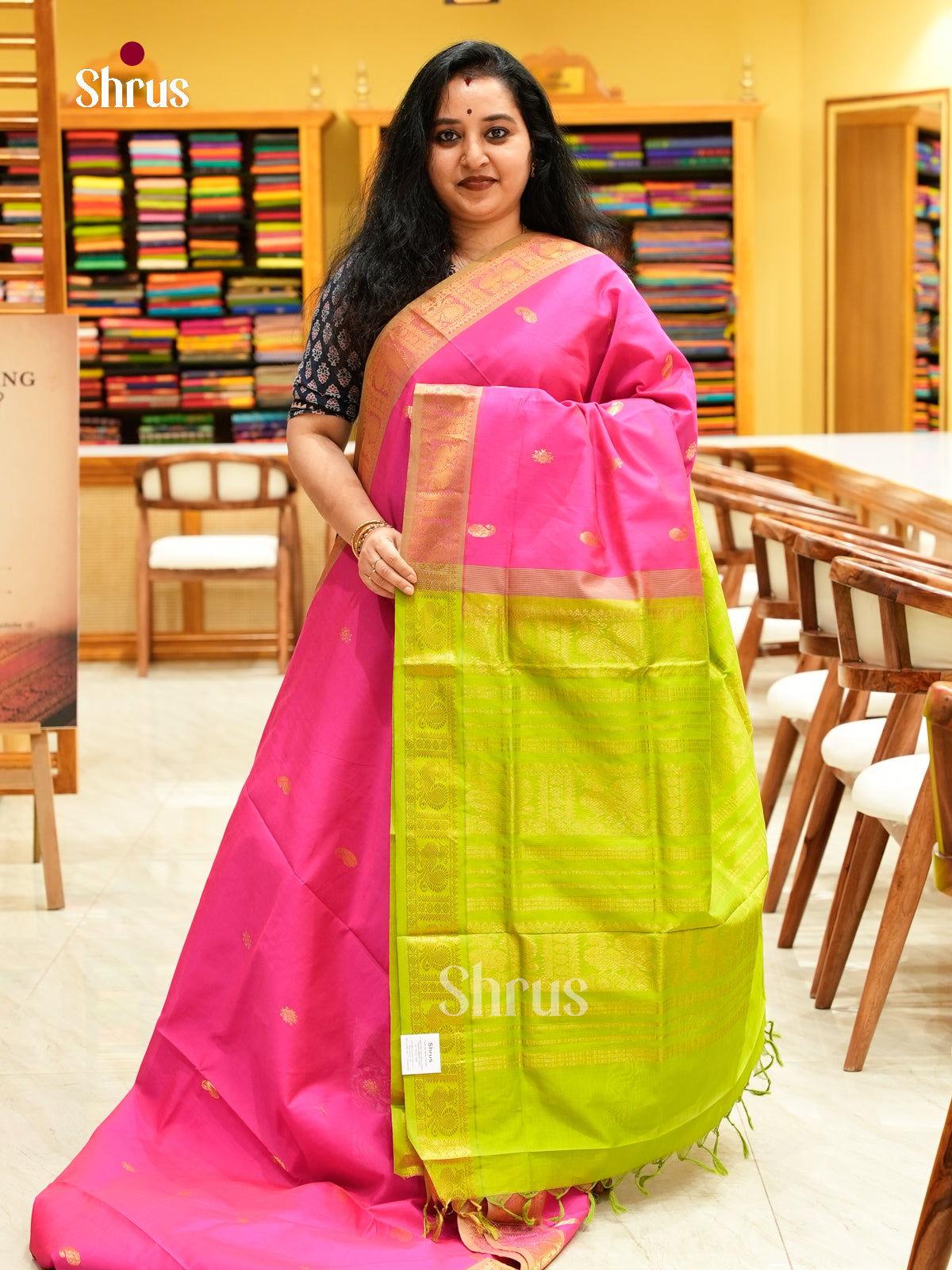 Rani Pink Halfpure Silk Cotton Saree with Mango / Paisley Buttas | Lime Green Contrast Border