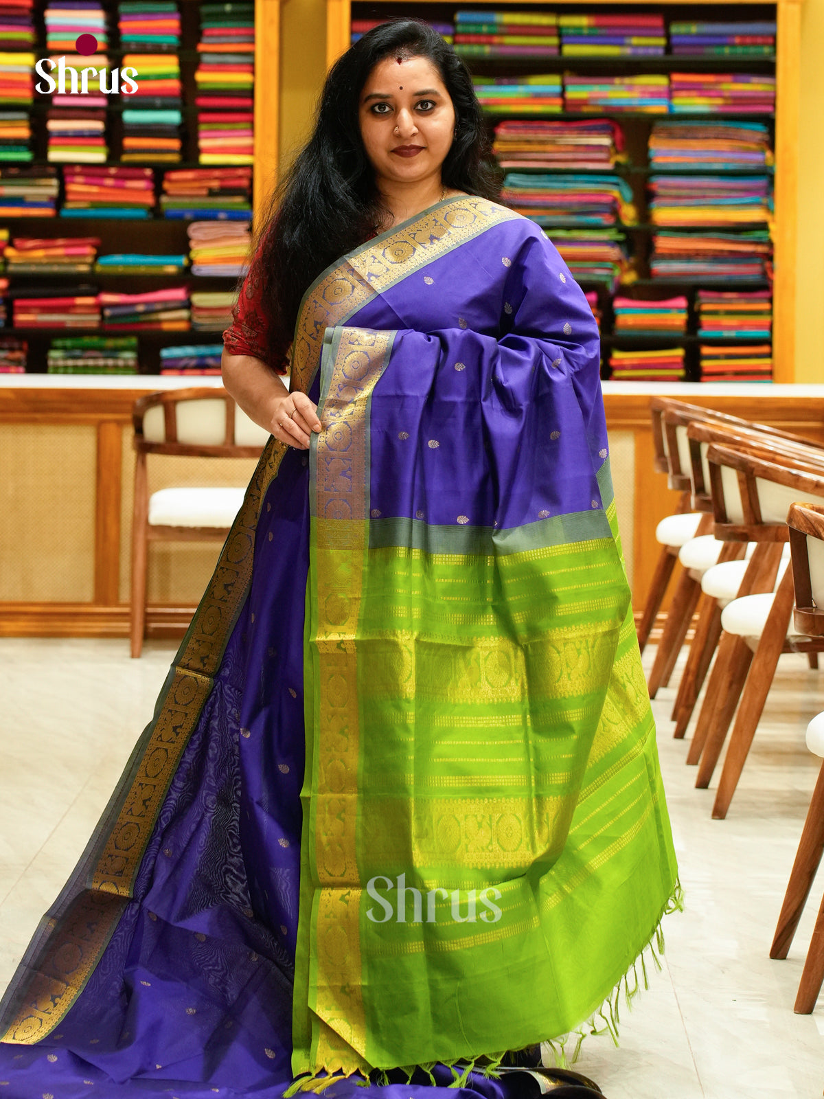 Dark Blue Halfpure Silk Cotton Saree with Leaf Buttas | Green Contrast Border