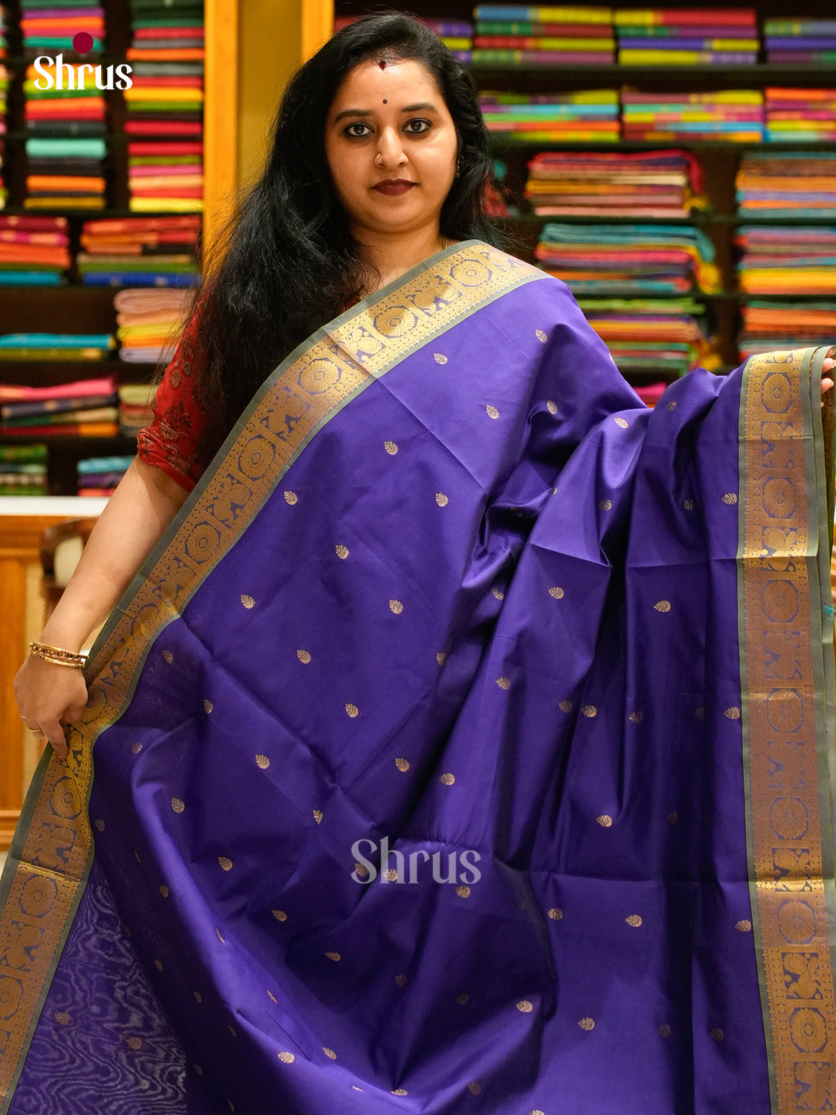 Dark Blue Halfpure Silk Cotton Saree with Leaf Buttas | Green Contrast Border