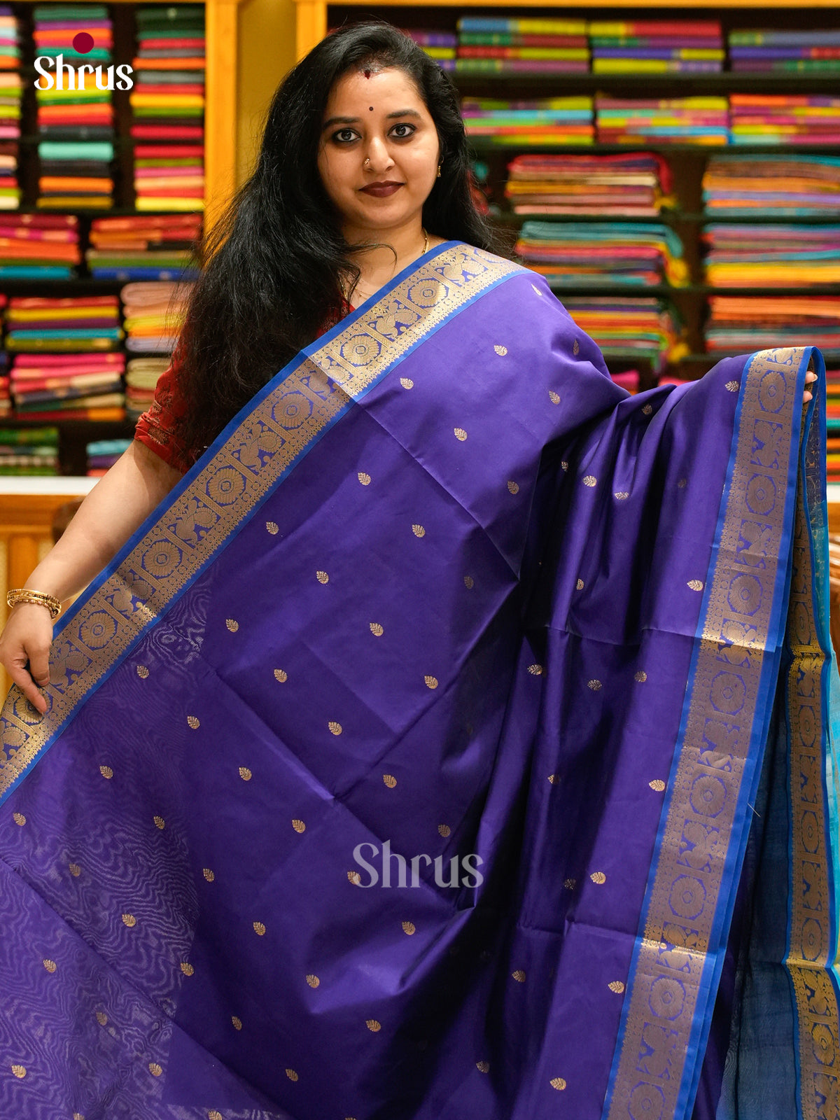 Dark Blue Halfpure Silk Cotton Saree with Leaf Buttas | Sky Blue Contrast Border