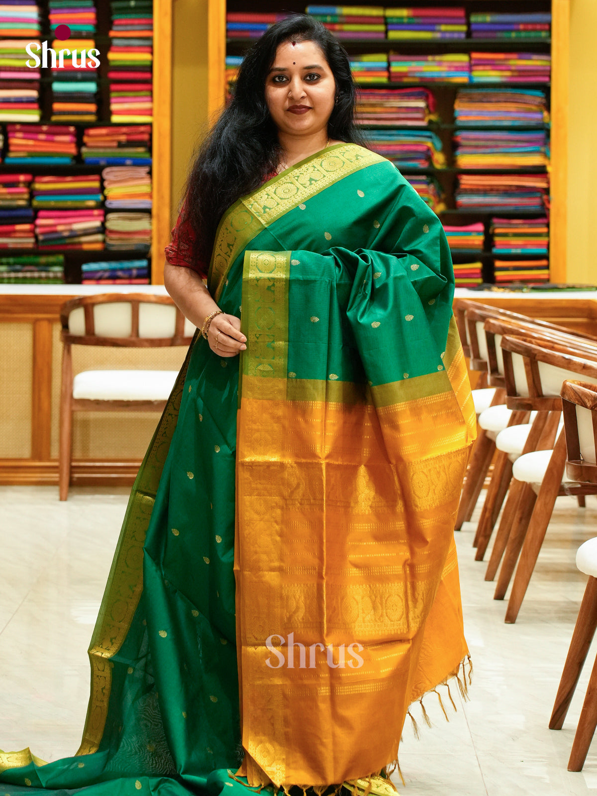 Green Halfpure Silk Cotton Saree with Leaf Buttas | Mustard Contrast Border