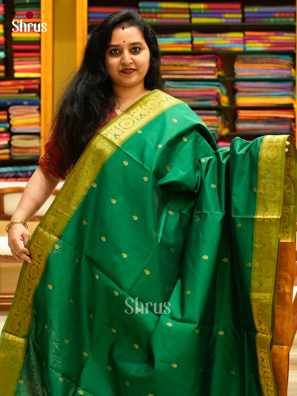 Green Halfpure Silk Cotton Saree with Leaf Buttas | Mustard Contrast Border