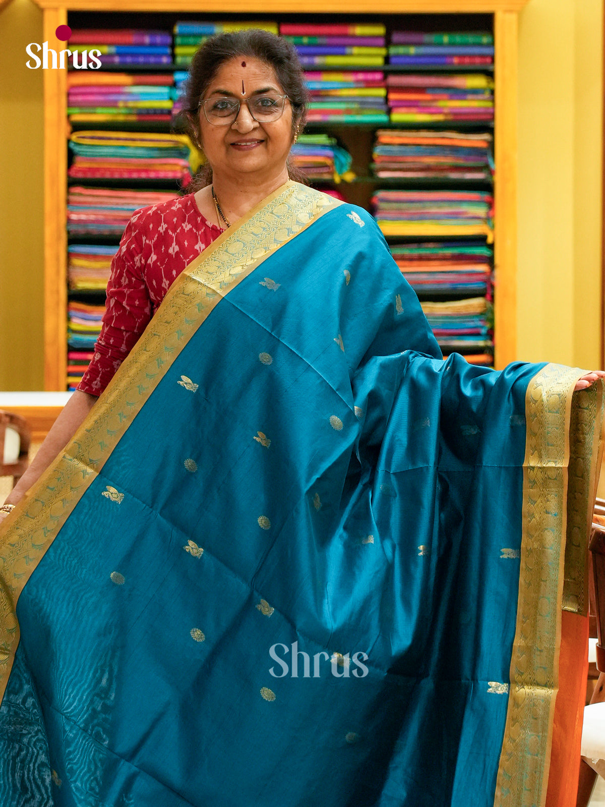 Rama Green Halfpure Silk Cotton Saree with Peacock Buttas | Mustard Contrast Border
