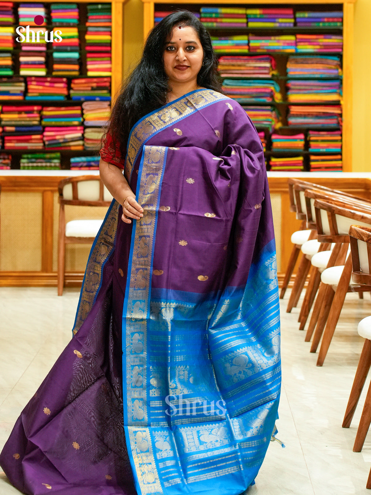 Violet Halfpure Silk Cotton Saree with Mango / Paisley Buttas | Peacock Blue Contrast Border