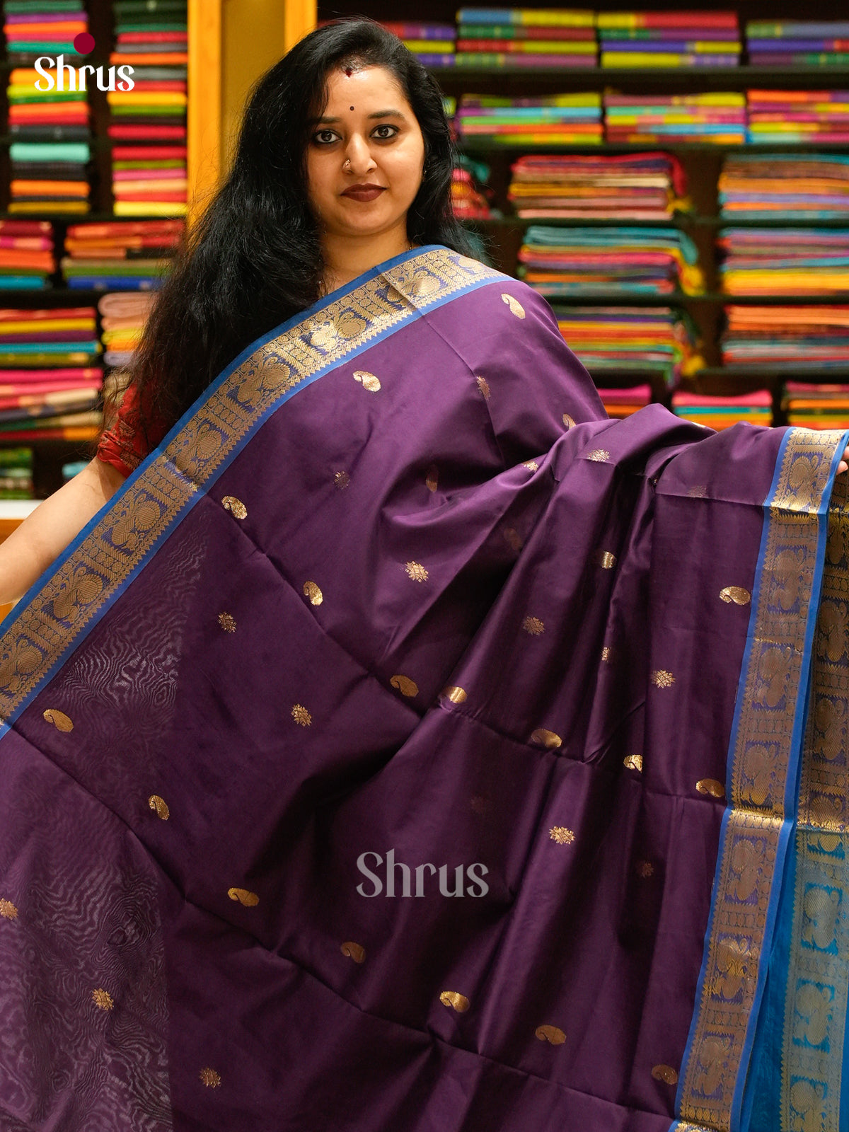 Violet Halfpure Silk Cotton Saree with Mango / Paisley Buttas | Peacock Blue Contrast Border