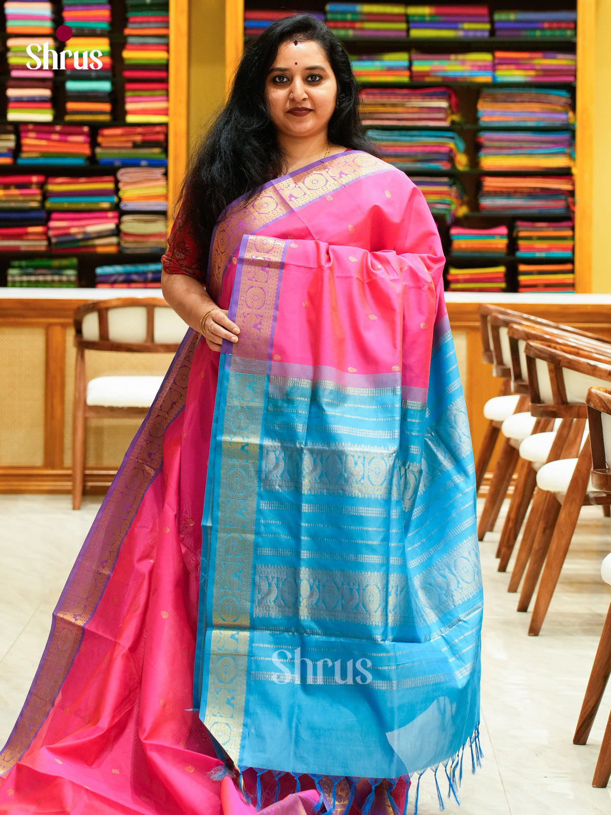 Pink Halfpure Silk Cotton Saree with Leaf Buttas | Sky Blue Contrast Border - Shop on Shrus.com