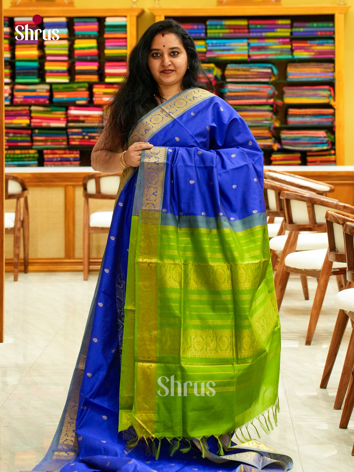 Blue Halfpure Silk Cotton Saree with Leaf Buttas | Green Contrast Border