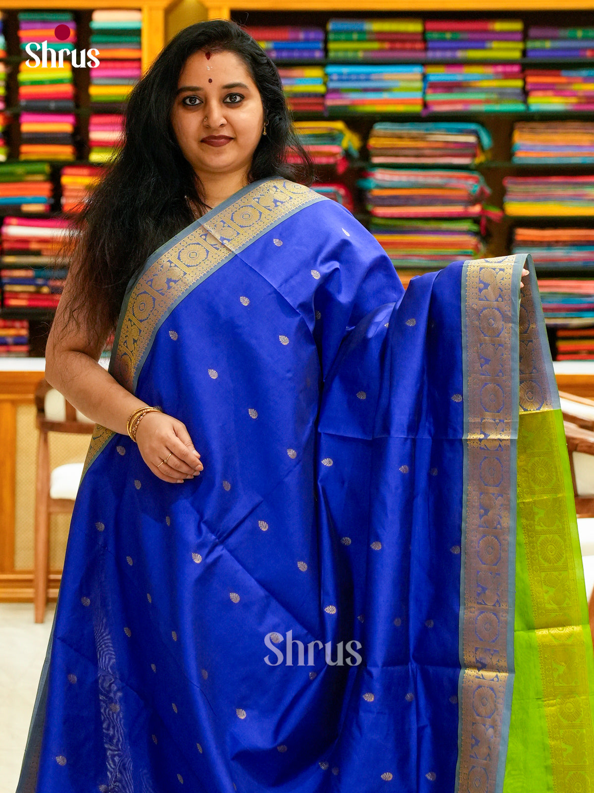 Blue Halfpure Silk Cotton Saree with Leaf Buttas | Green Contrast Border