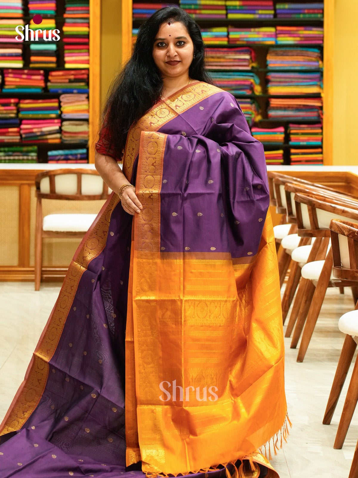 Violet Halfpure Silk Cotton Saree with Leaf Buttas | Mustard Contrast Border - Shop on Shrus.com