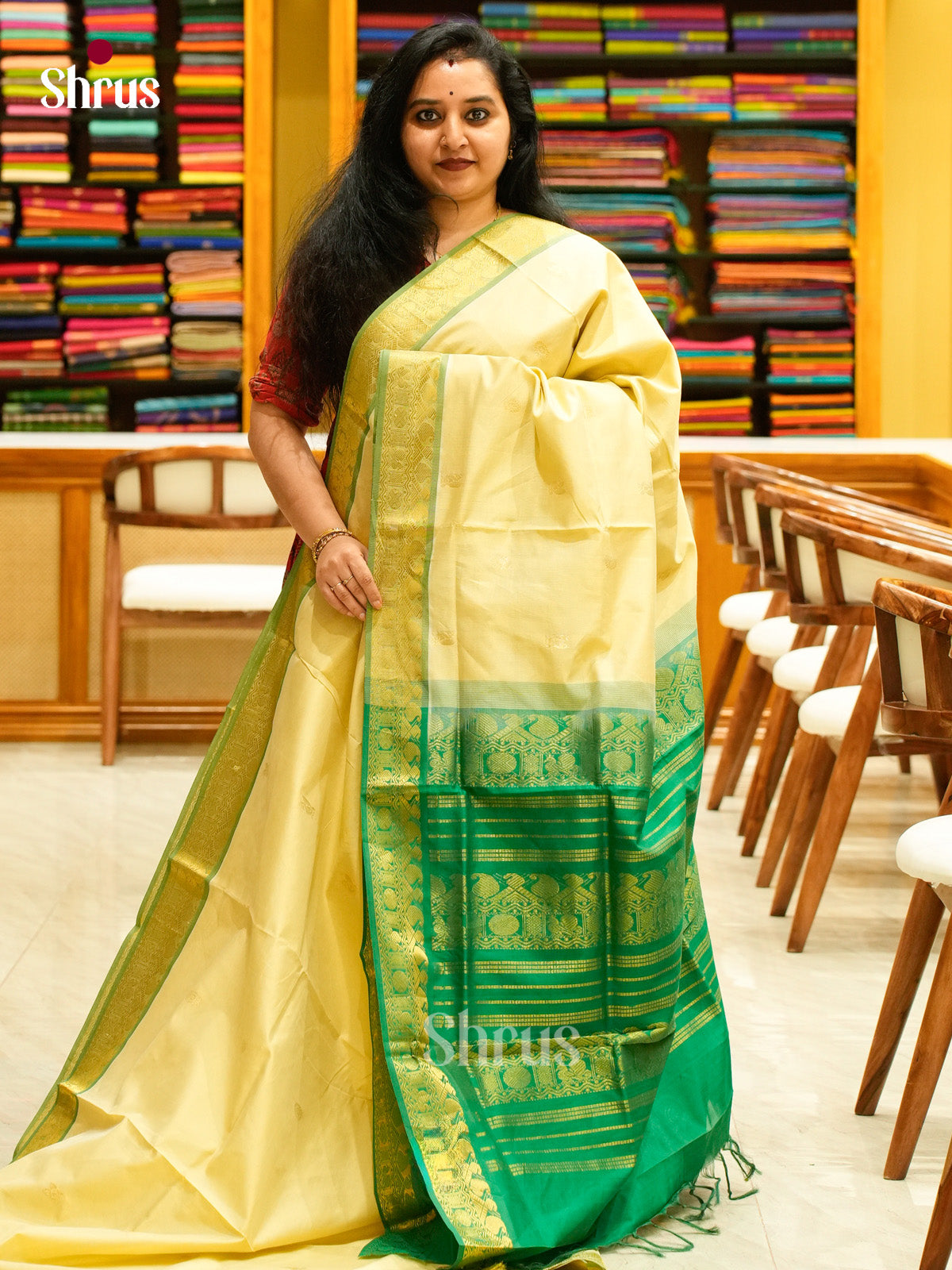 Sandal Halfpure Silk Cotton Saree with Peacock Buttas | Green Contrast Border