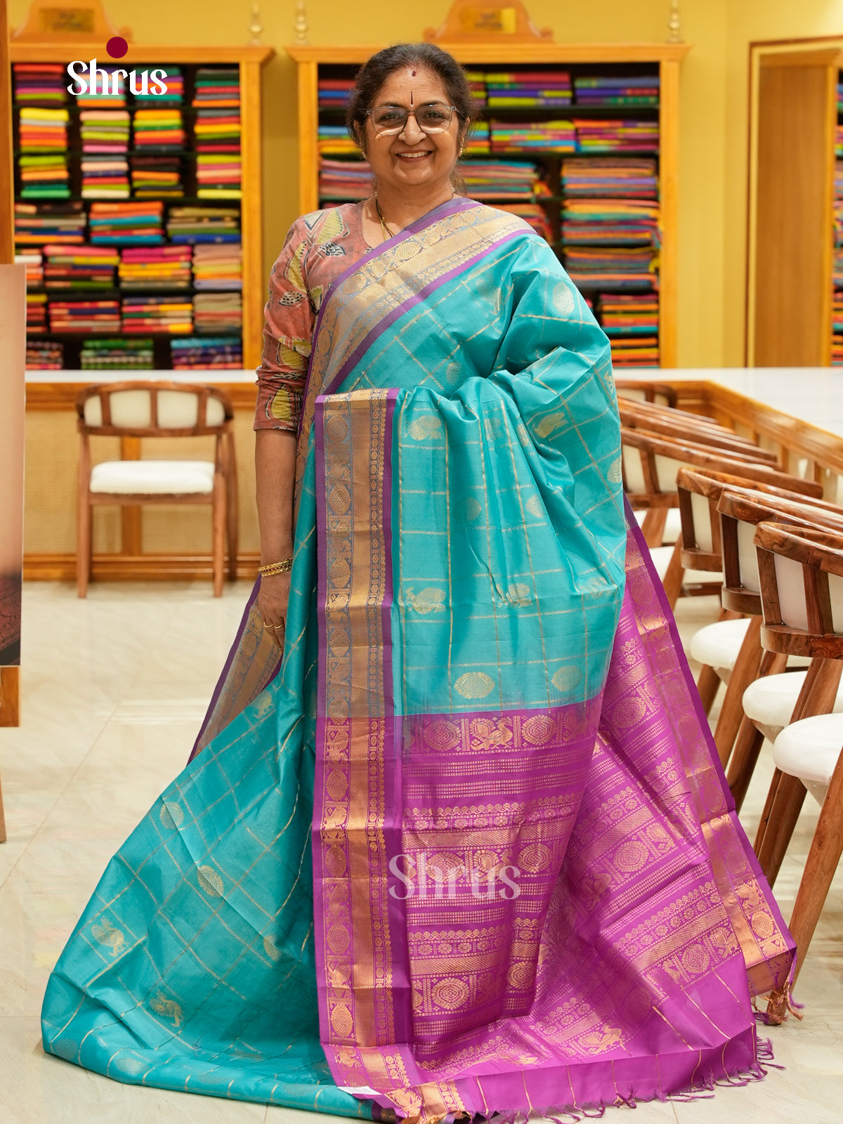 Teal Green Halfpure Silk Cotton Saree with Checks with Buttas and Chakra Buttas | Violet Contrast Border