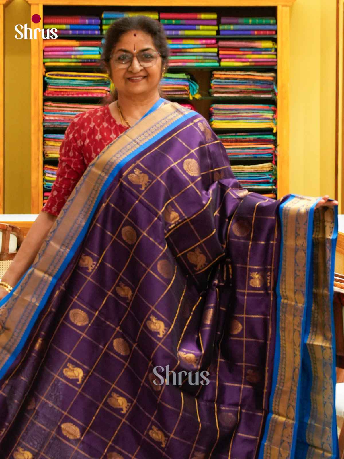 Violet Halfpure Silk Cotton Saree with Checks with Buttas and Coin Buttas | Peacock Blue Contrast Border
