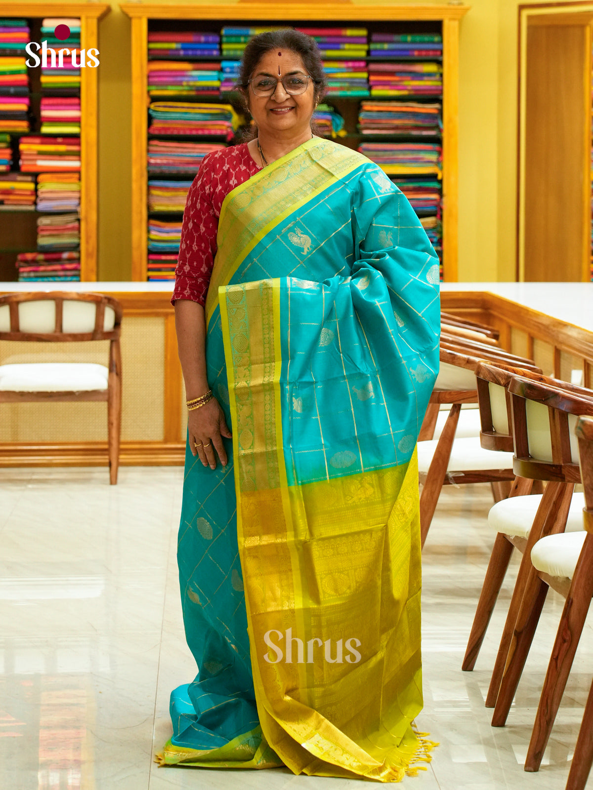 Teal Green Halfpure Silk Cotton Saree with Checks with Buttas and Peacock Buttas | Olive Green Contrast Border