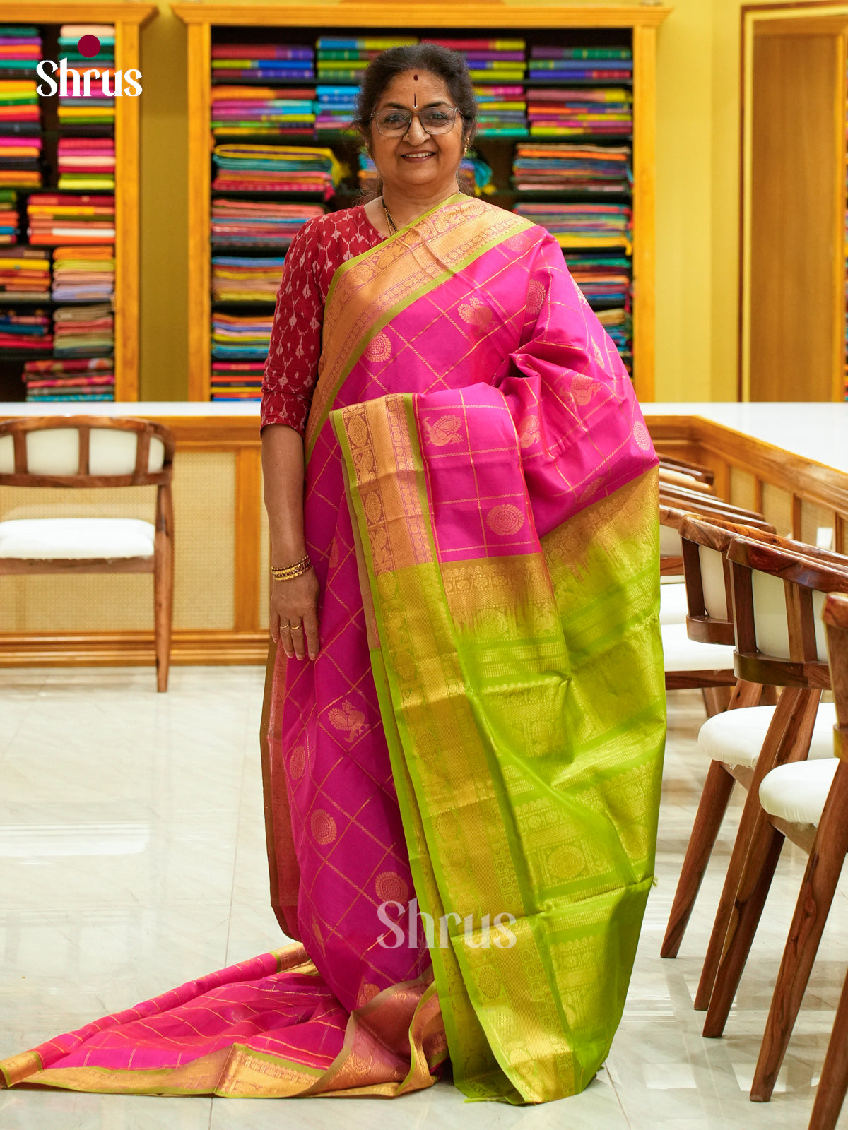 Rani Pink Halfpure Silk Cotton Saree with Checks with Buttas and Coin Buttas | Lime Green Contrast Border