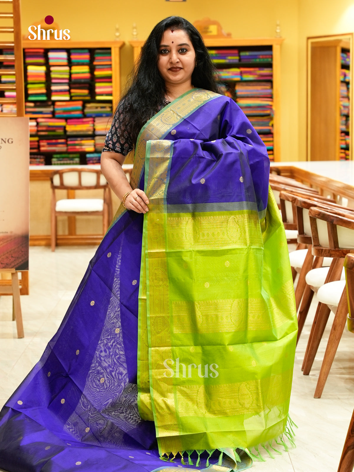 Royal Blue Silk Cotton Saree with Floral Buttas | Green Contrast Border