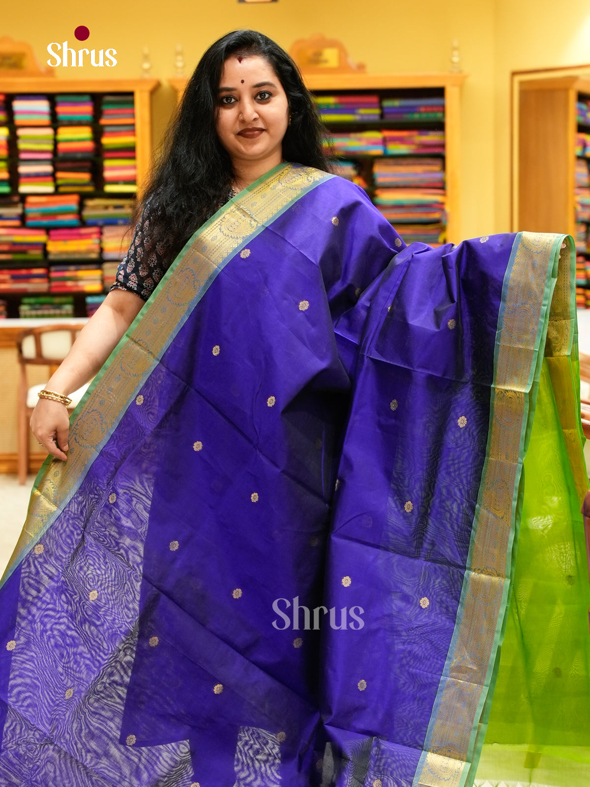 Royal Blue Silk Cotton Saree with Floral Buttas | Green Contrast Border
