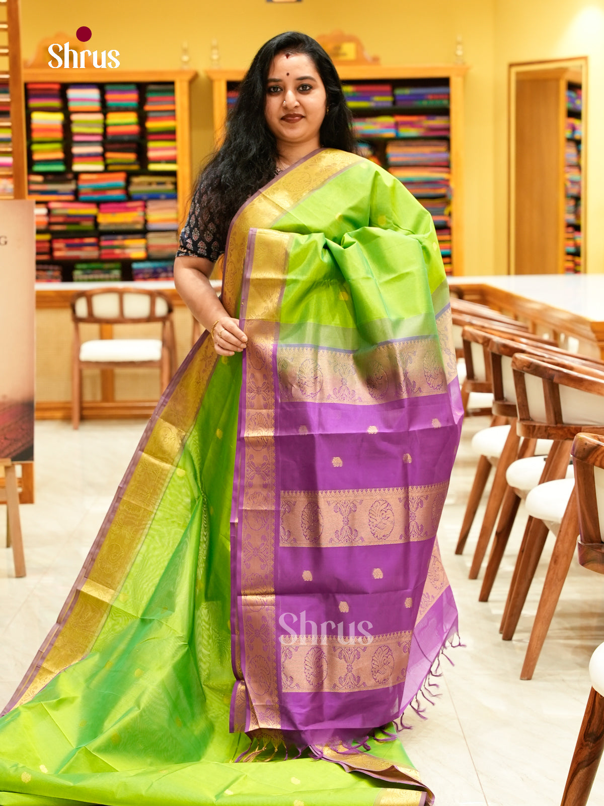 Parrot Green Silk Cotton Saree with Mango / Paisley Buttas | Violet Contrast Border
