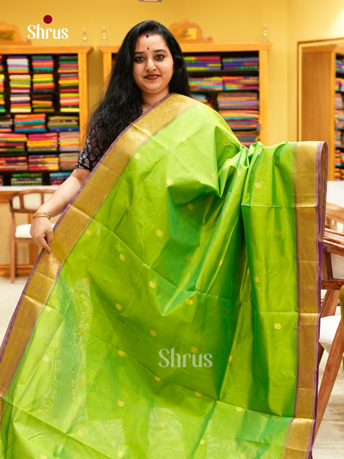 Parrot Green Silk Cotton Saree with Mango / Paisley Buttas | Violet Contrast Border