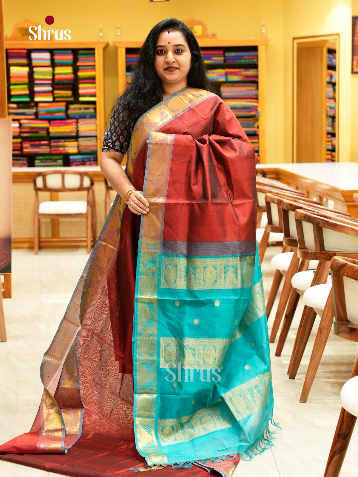 Dark Maroon Silk Cotton Saree with Mango / Paisley Buttas | Teal Green Contrast Border