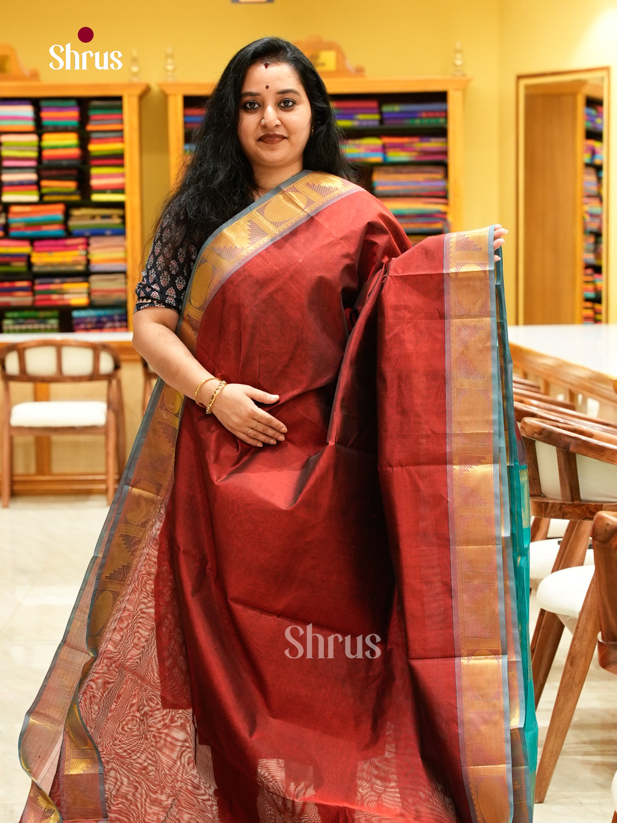 Dark Maroon Silk Cotton Saree with Mango / Paisley Buttas | Teal Green Contrast Border