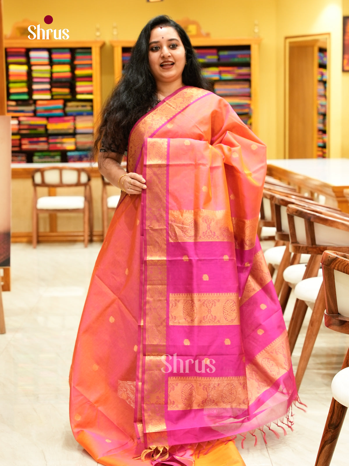 Dual Tone [Color] Silk Cotton Saree with Mango / Paisley Buttas | Rani Pink Contrast Border