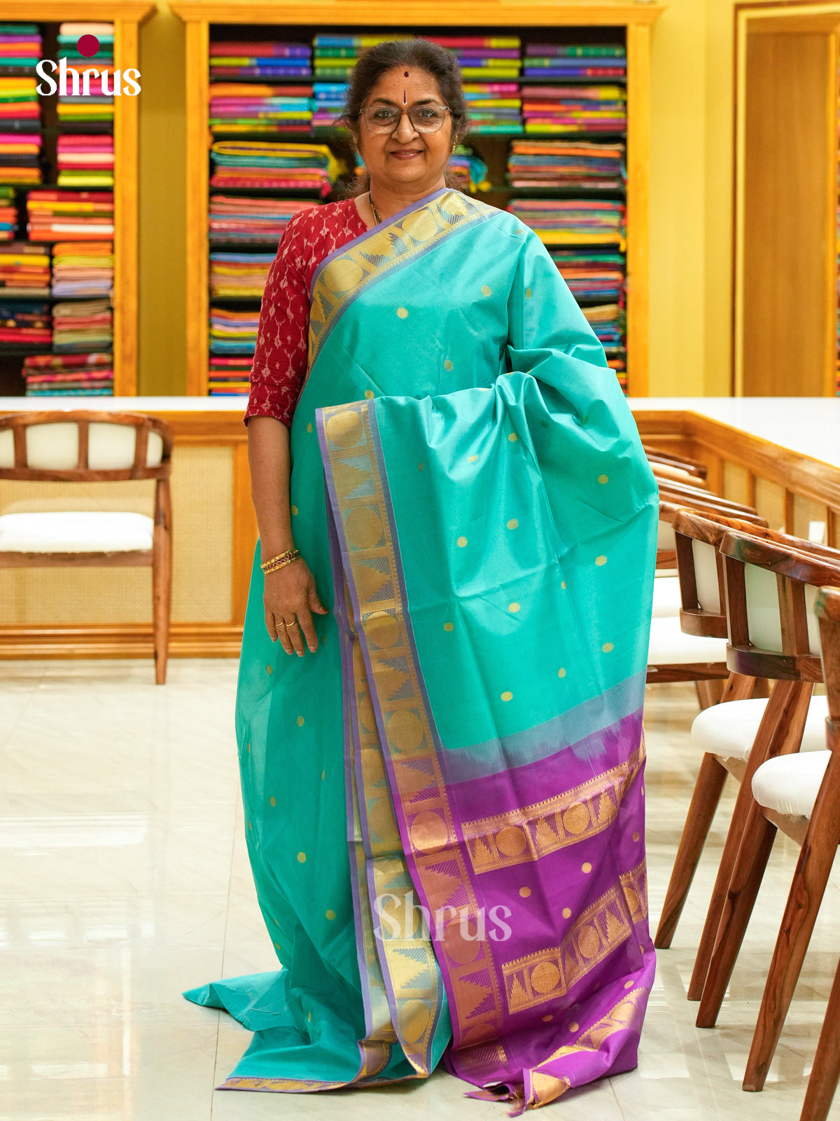 Turquoise Silk Cotton Saree with Coin Buttas | Magenta Contrast Border