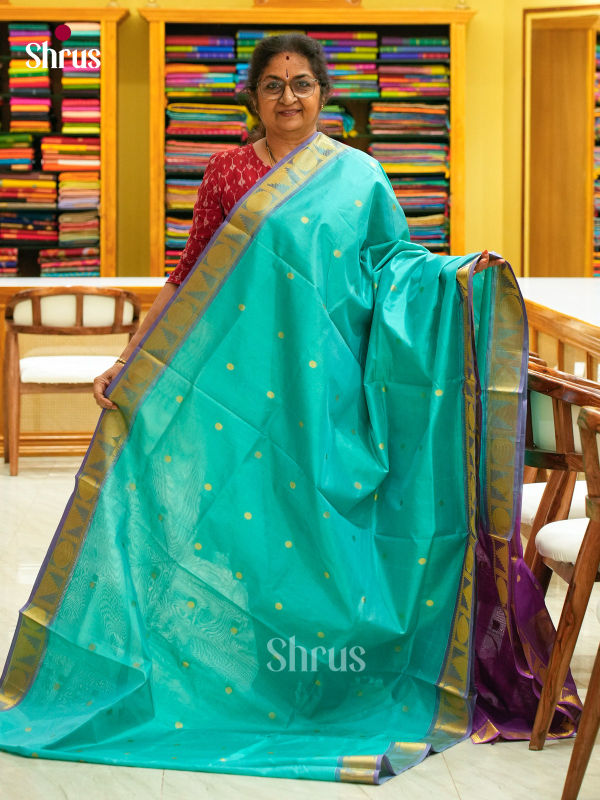 Turquoise Silk Cotton Saree with Coin Buttas | Magenta Contrast Border
