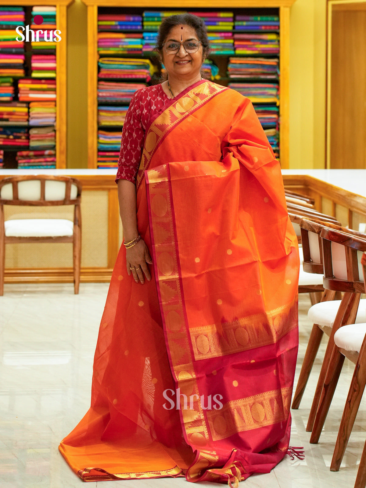 Dark Orange Silk Cotton Saree with Coin Buttas | Red Contrast Border