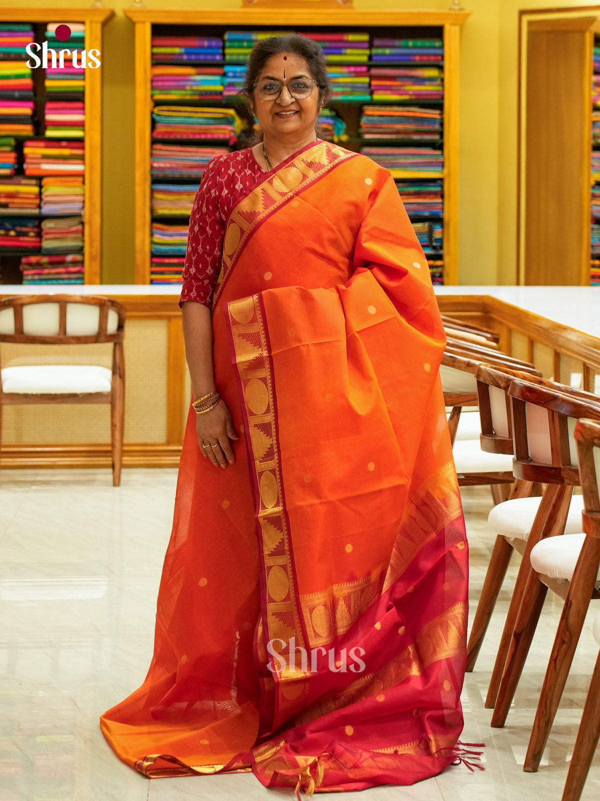 Dark Orange Silk Cotton Saree with Coin Buttas | Red Contrast Border