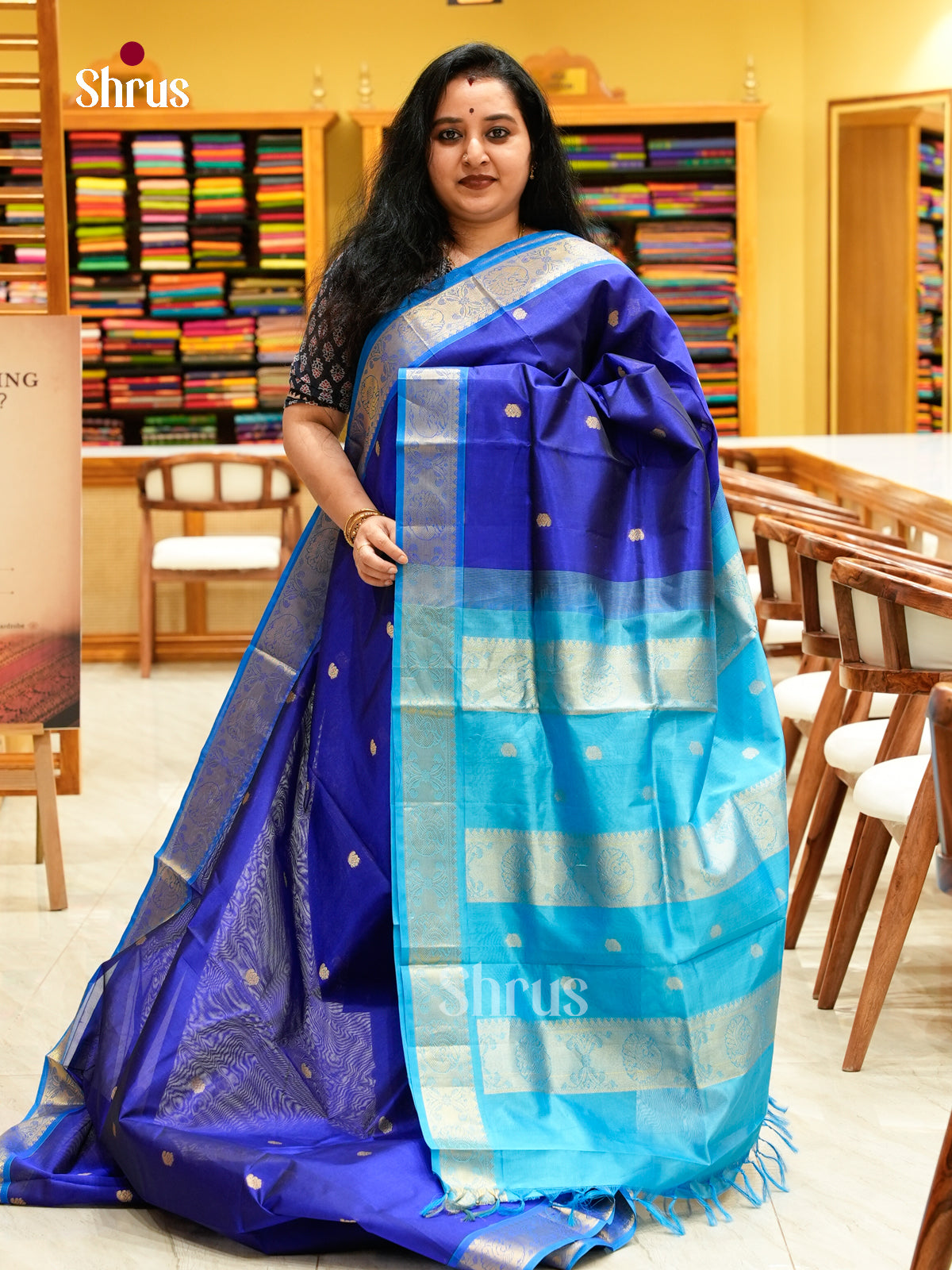 Blue Silk Cotton Saree with Mango / Paisley Buttas | Sky Blue Contrast Border