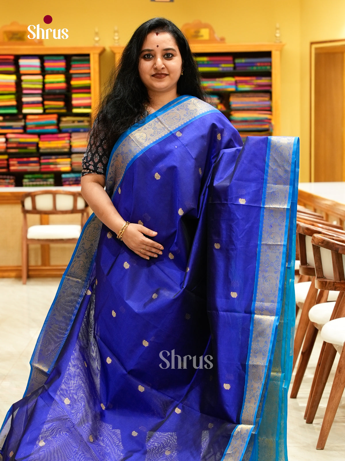 Blue Silk Cotton Saree with Mango / Paisley Buttas | Sky Blue Contrast Border