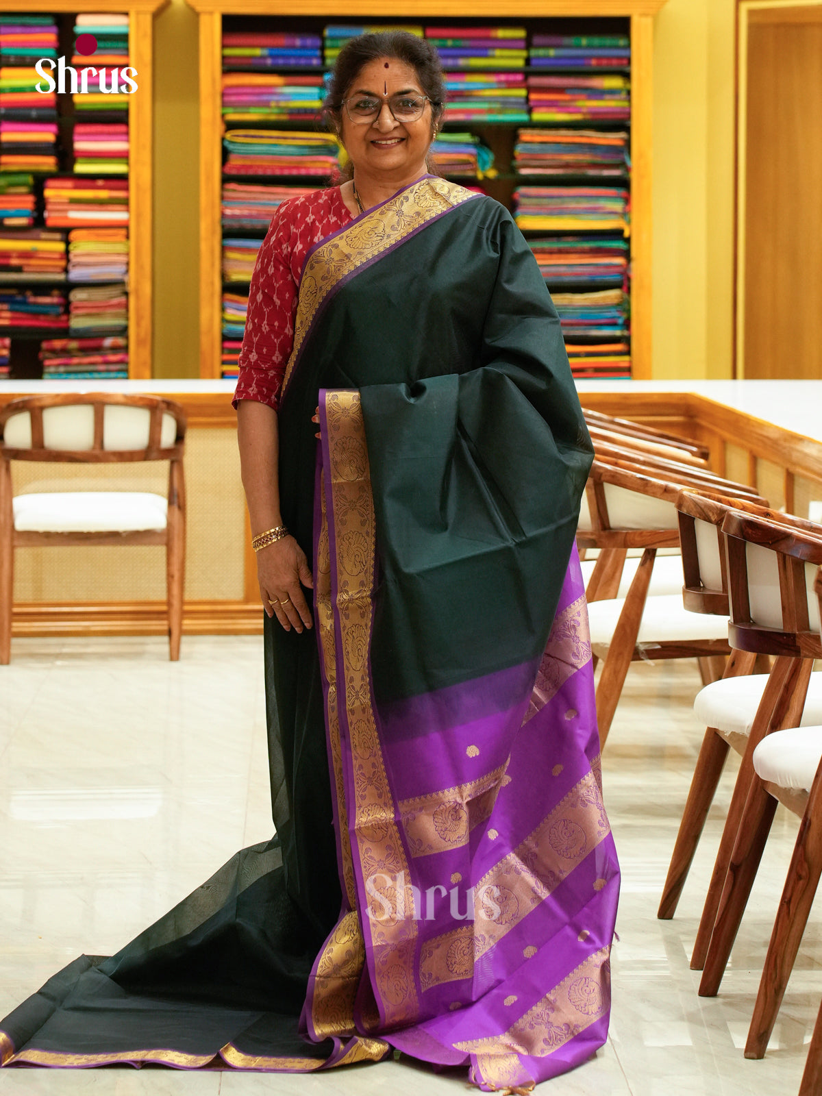 Violet Silk Cotton Saree with Mango / Paisley Buttas | Bottle Green Contrast Border