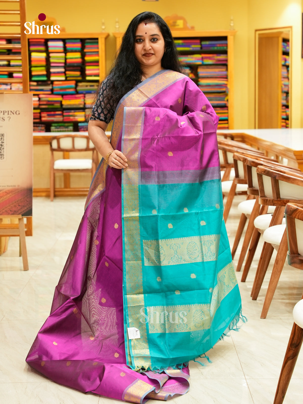 Magenta Silk Cotton Saree with Mango / Paisley Buttas | Green Contrast Border