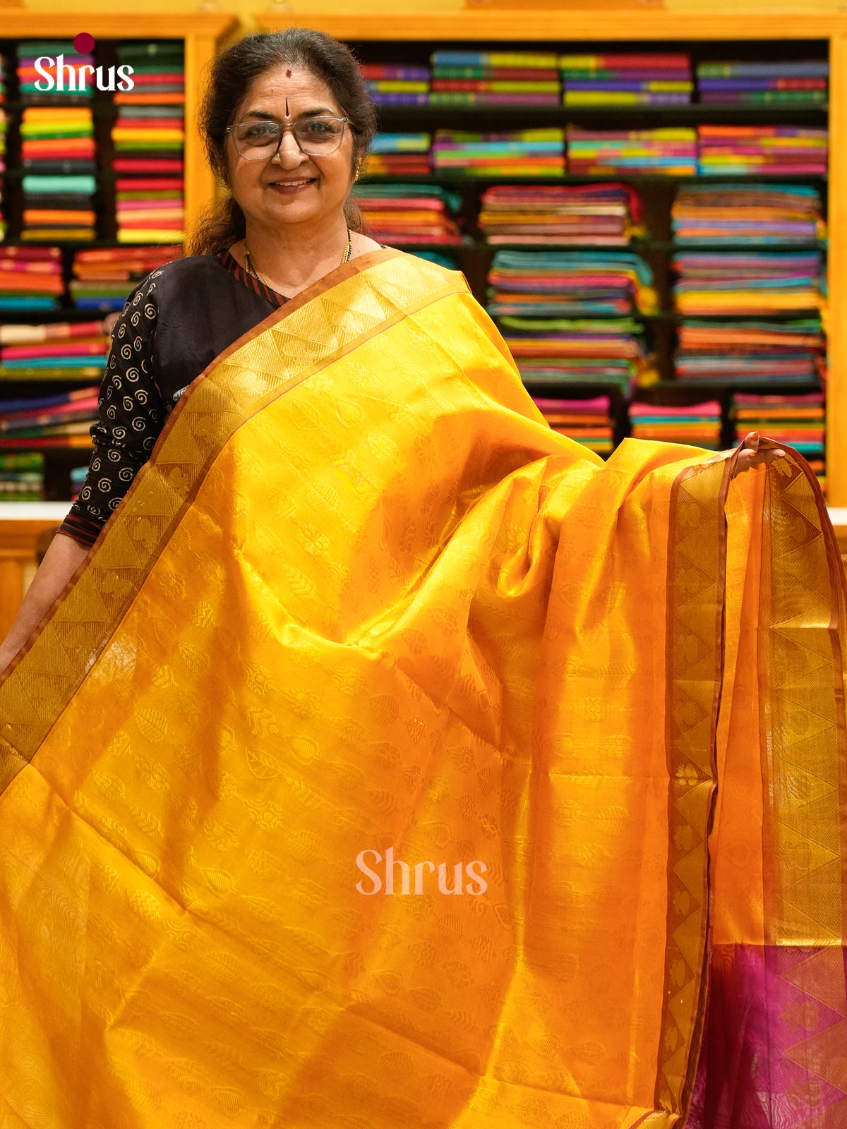 Mustard Silk Cotton Saree with Leaf Buttas | Pink Non Korvai Small Border
