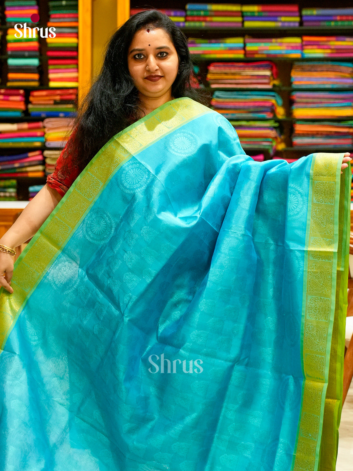 Teal Blue Silk Cotton Saree with Mango / Paisley Buttas | Light Green Non Korvai Small Border - Shop on Shrus.com