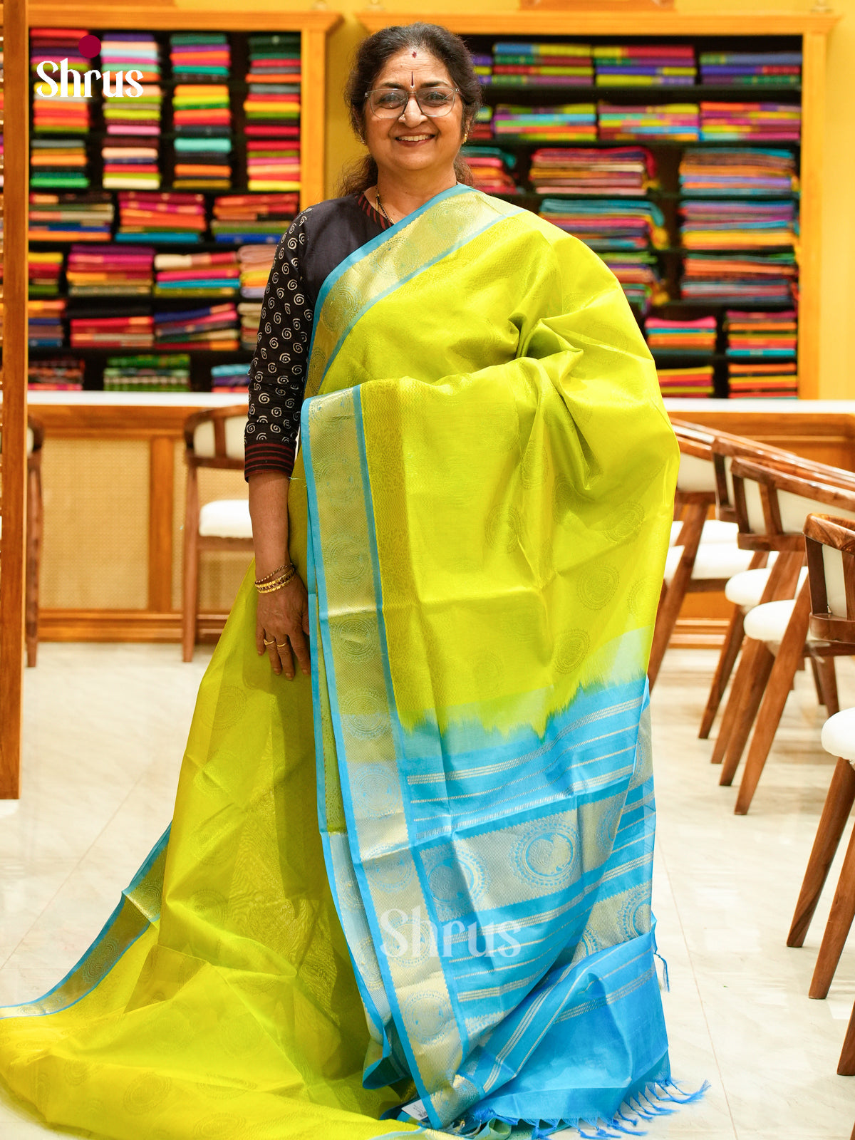 Green Silk Cotton Saree with Coin Buttas | Sky Blue Non Korvai Small Border - Shop on Shrus.com