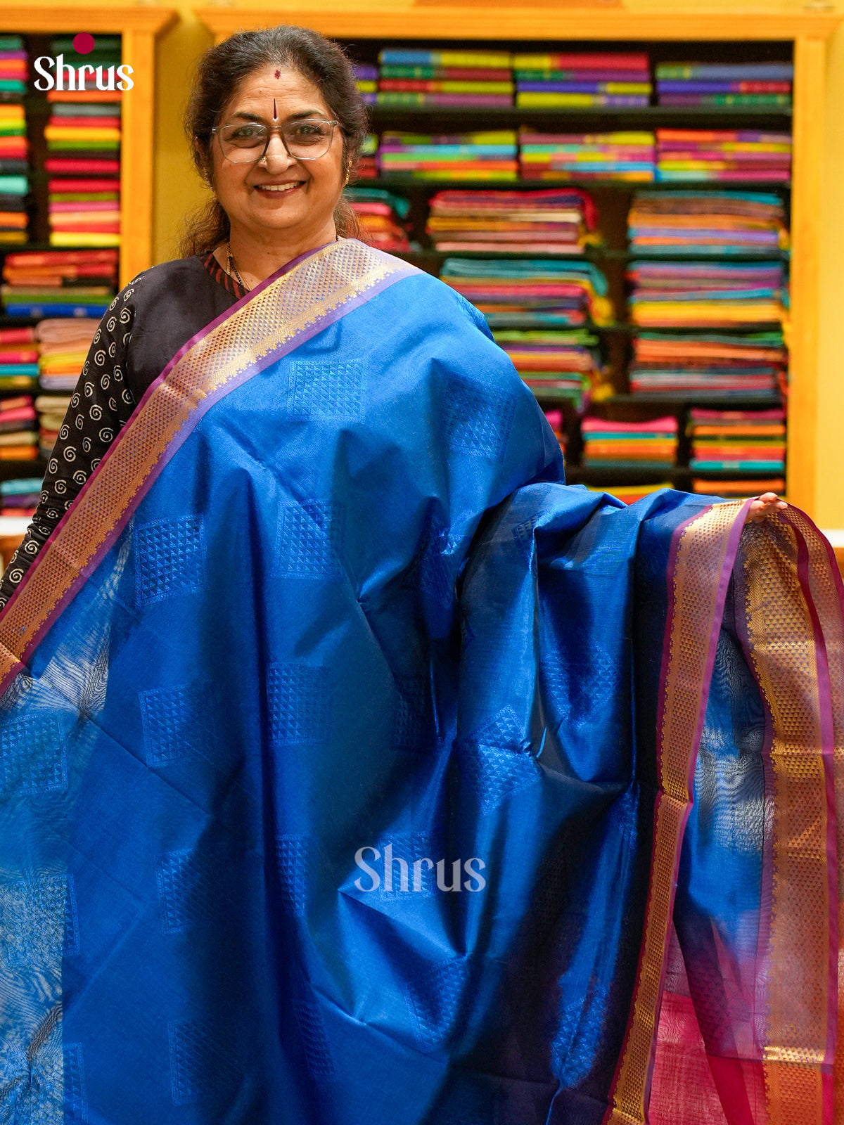 Peacock Blue Silk Cotton Saree with Diamond Buttas | Pink Non Korvai Small Border - Shop on Shrus.com