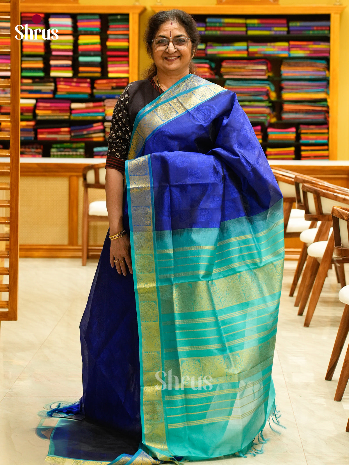 Royal Blue Silk Cotton Saree with Mango / Paisley Buttas | Teal Blue Non Korvai Small Border - Shop on Shrus.com