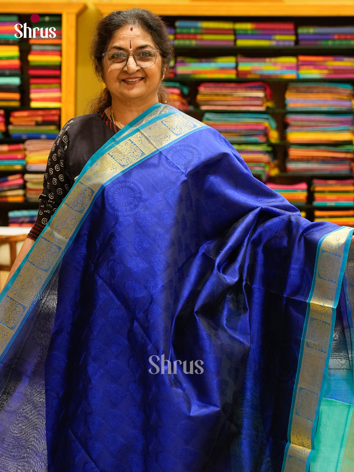 Royal Blue Silk Cotton Saree with Mango / Paisley Buttas | Teal Blue Non Korvai Small Border - Shop on Shrus.com