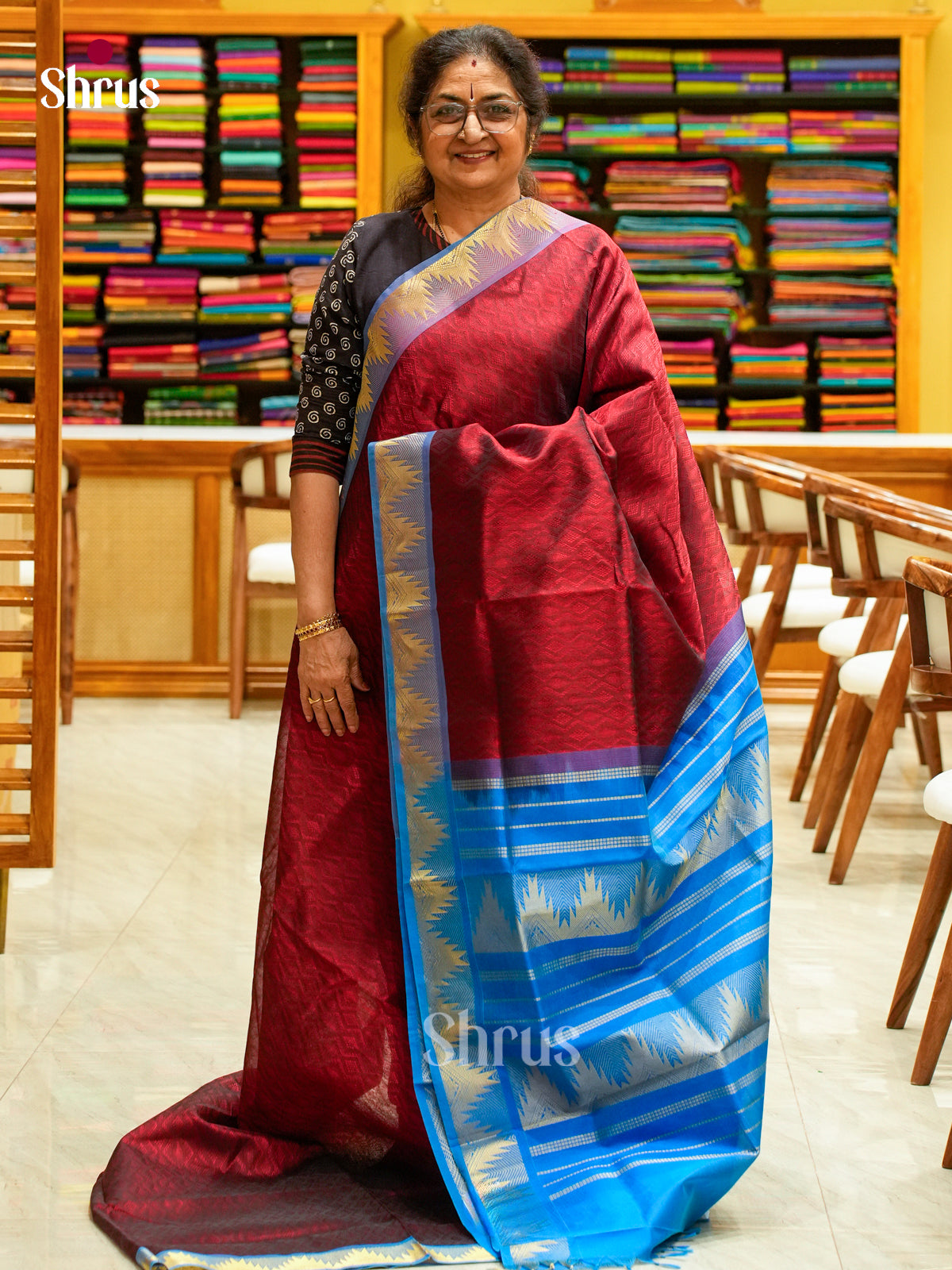 Dark Maroon Silk Cotton Saree with Diamond Buttas | Blue Non Korvai Small Border